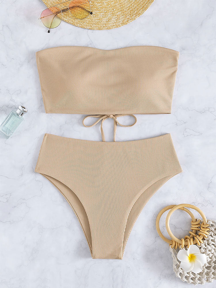 Damen Bandeau-Bikini mit hohem Bund und Rippdesign R&B