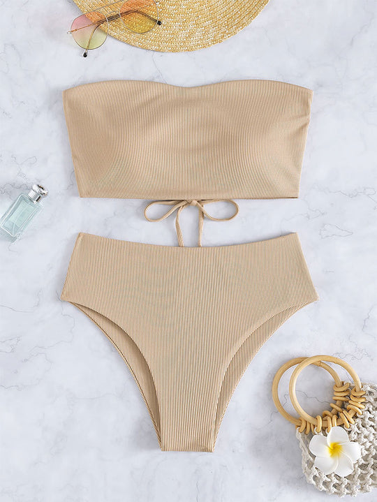 Damen Bandeau-Bikini mit hohem Bund und Rippdesign R&B