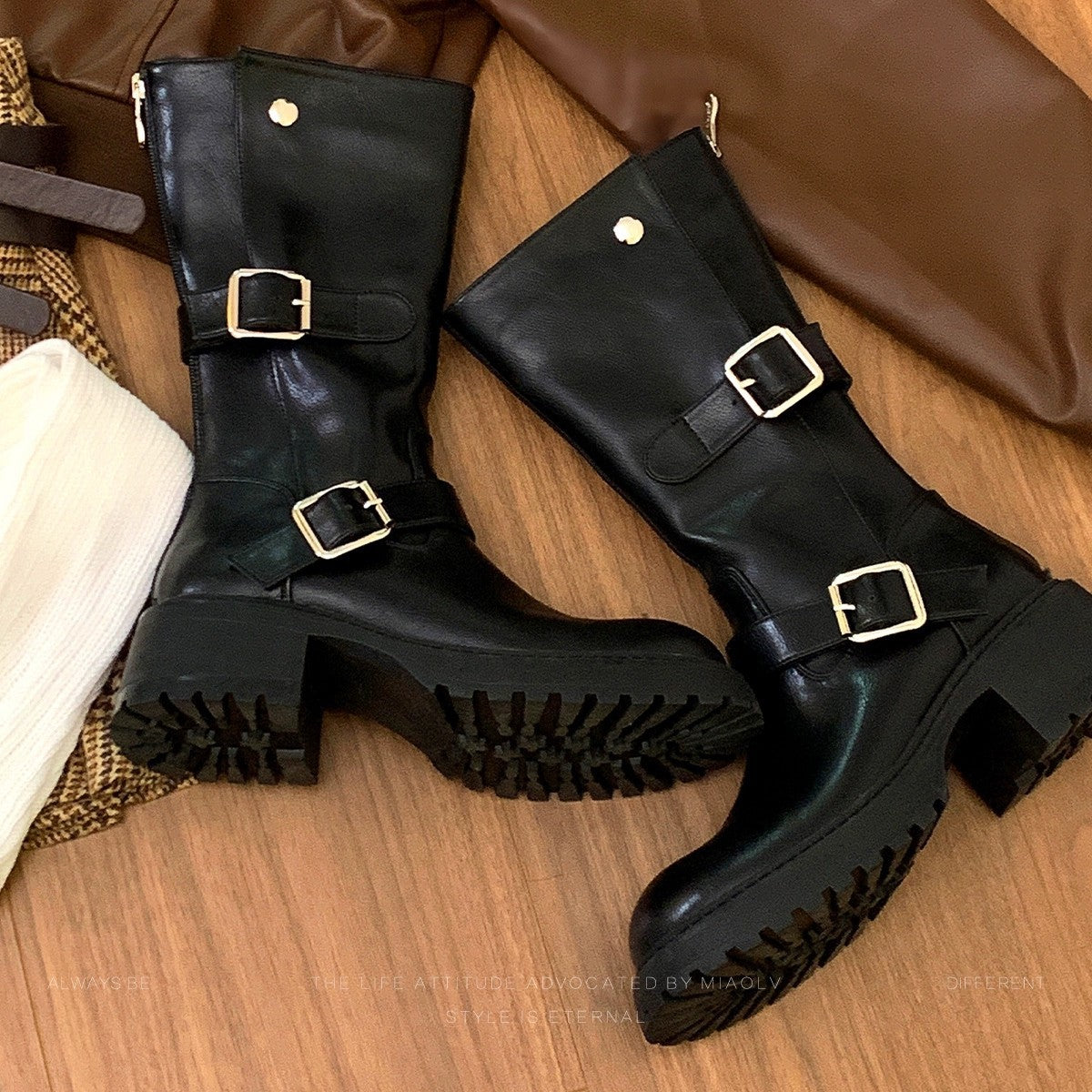 Damen robuste Stiefel mit modischem Schnallen-Design R&B