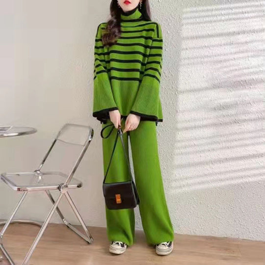 Damen Lässiges Strickensemble mit hohem Kragen und breiten Ärmeln R&B