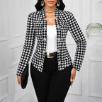 Damen Elegante Blazerjacke im Hahnentritt-Muster mit glänzenden Knöpfen R&B