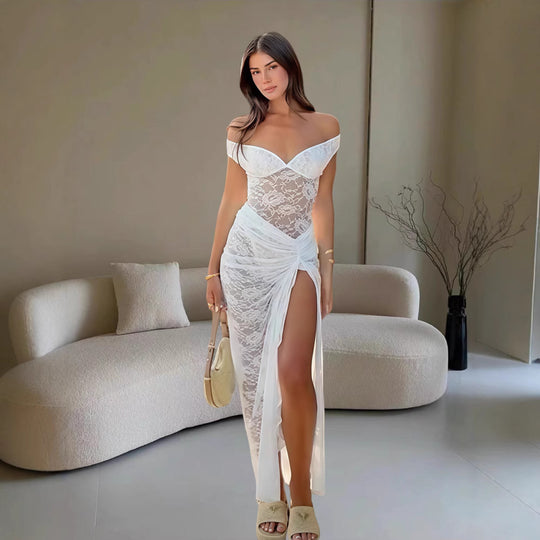 Damen Elegantes Spitzenkleid im Bodycon-Stil mit Off-Shoulder Ausschnitt R&B