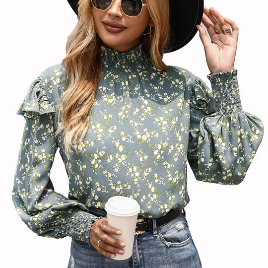 Damen elegante Bluse mit Rüschendetail und hohem Kragen R&B