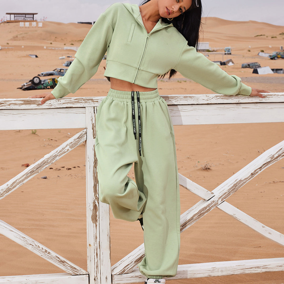 Damen modisches Cropped Sweat-Set mit praktischen Taschen und elastischem Bund R&B