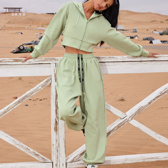 Damen modisches Cropped Sweat-Set mit praktischen Taschen und elastischem Bund R&B