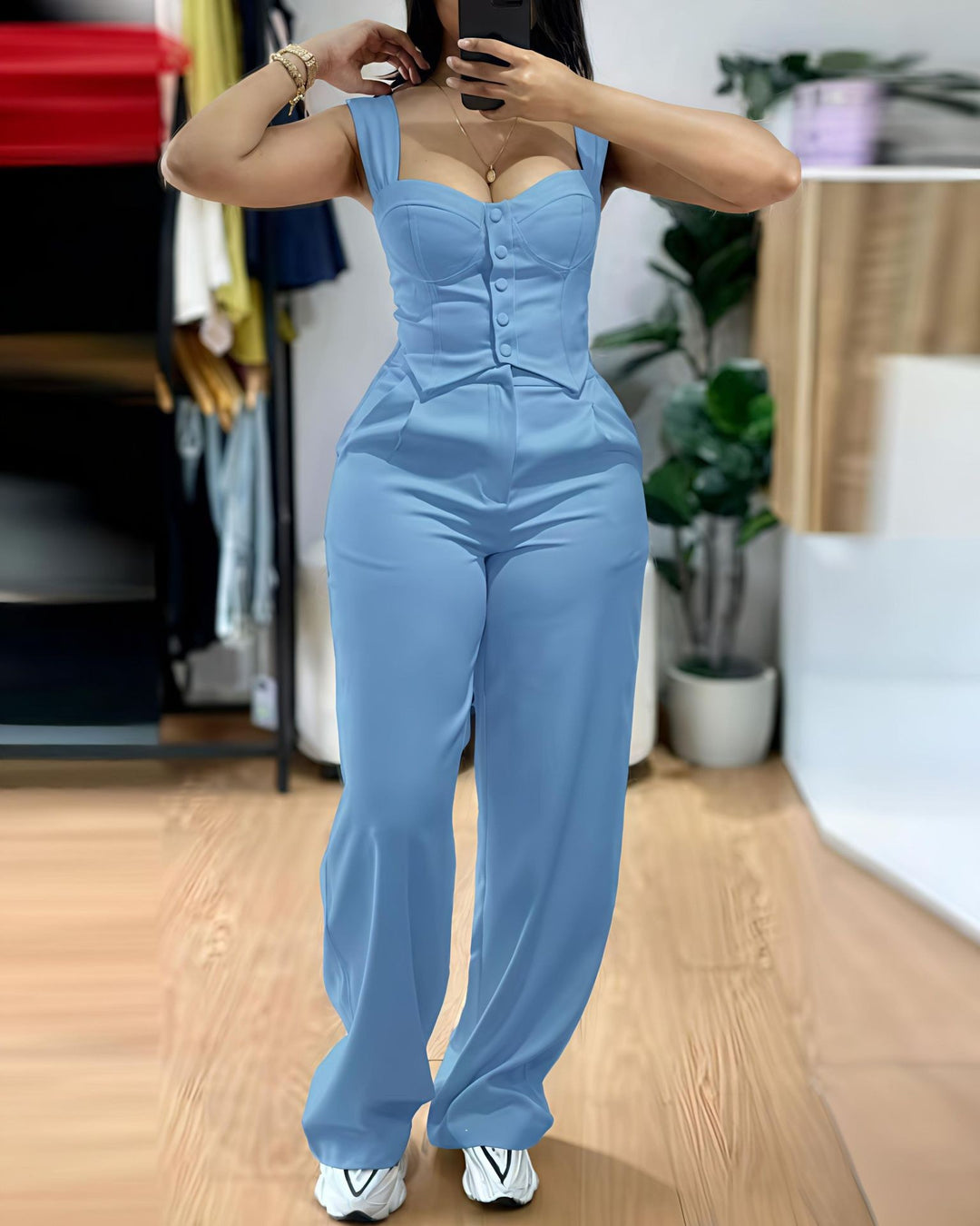 Damen Jumpsuit mit figurbetontem Oberteil und weiten Beinen R&B