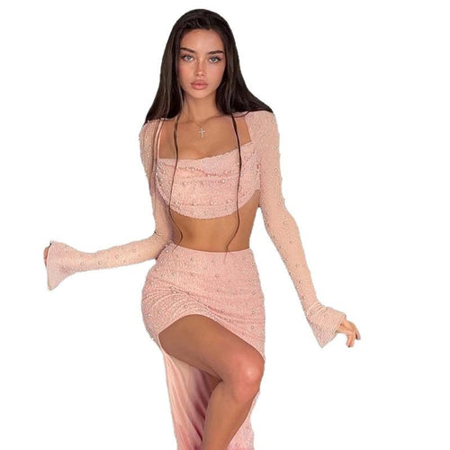 Damen Elegantes Crop-Top mit langen, transparenten Ärmeln und funkelnden Akzenten R&B