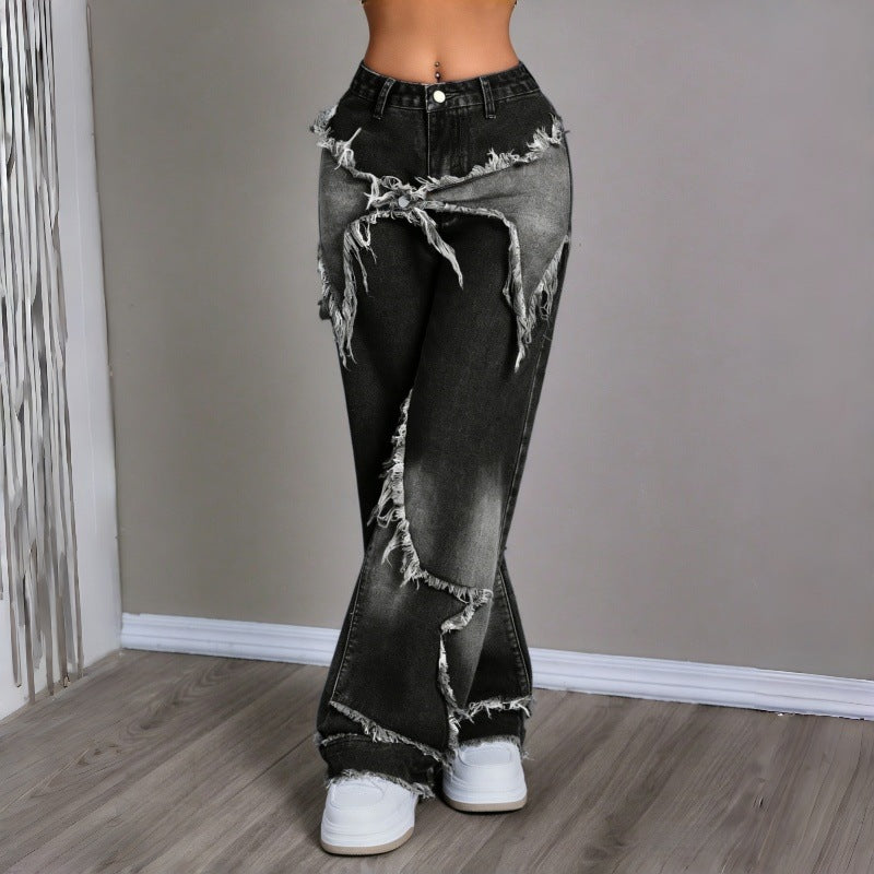 Damen Weite Jeans im modernen Destroyed-Look mit fransigen Details R&B