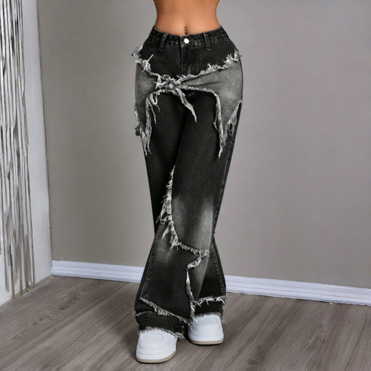 Damen Weite Jeans im modernen Destroyed-Look mit fransigen Details R&B
