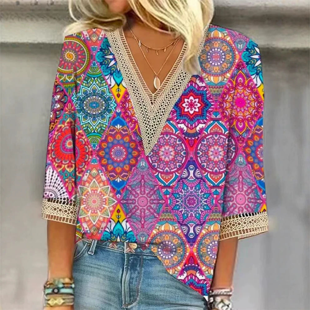 Damen nan locker fallende Mandala-Patchwork-Tunika mit tiefem V-Ausschnitt und Häkelspitzenbesatz R&B