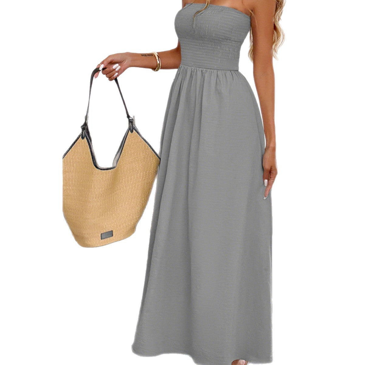 Damen Maxikleid mit gerafftem Oberteil und elastischem Bund R&B