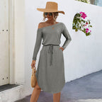 Damen lässiges Off-Shoulder Kleid mit elastischem Bund und langen Ärmeln R&B