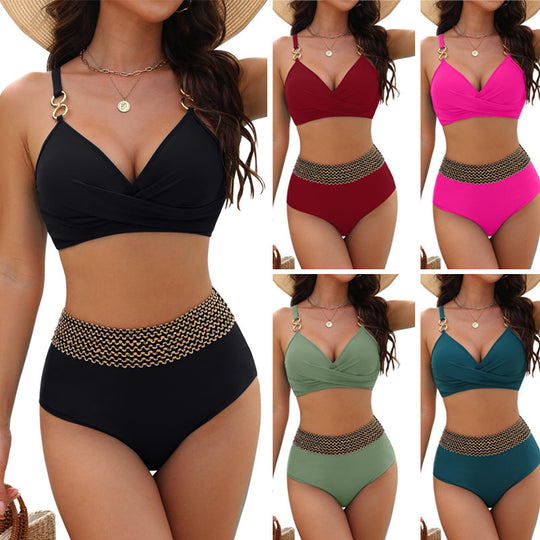 Damen Hochtaillierter Bikini mit stilvollen goldenen Akzenten R&B