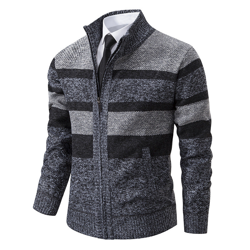 Herren Strickjacke mit Stehkragen und modernem Streifenmuster R&B