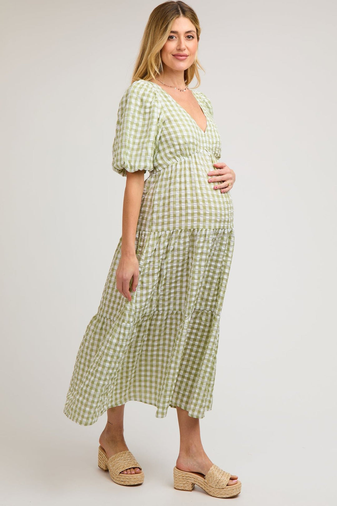 Damen Maxikleid mit voluminösen Puffärmeln und V-Ausschnitt R&B