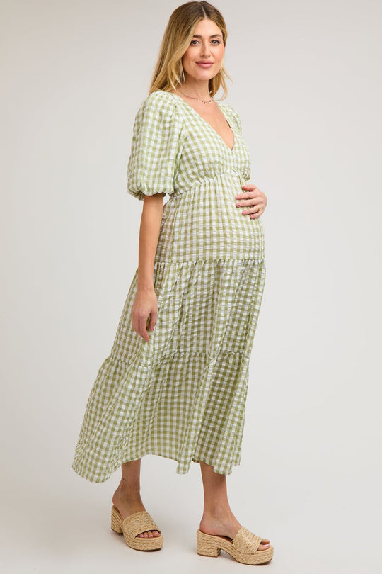 Damen Maxikleid mit voluminösen Puffärmeln und V-Ausschnitt R&B