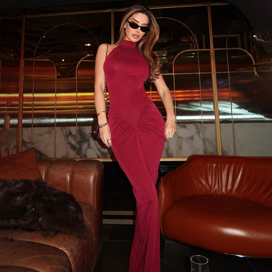 Damen elegantes Maxikleid mit hochgeschlossenem Kragen und raffinierten Raffungselementen R&B