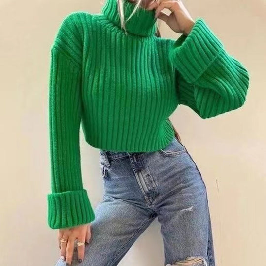 Damen Crop-Pullover mit hohem Kragen und asymmetrischem Schnitt R&B