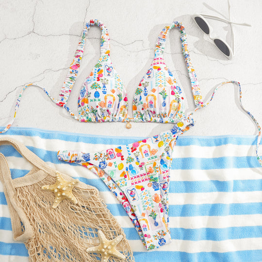 Damen Triangel-Bikini mit buntem Blumenmuster und verstellbaren Trägern R&B