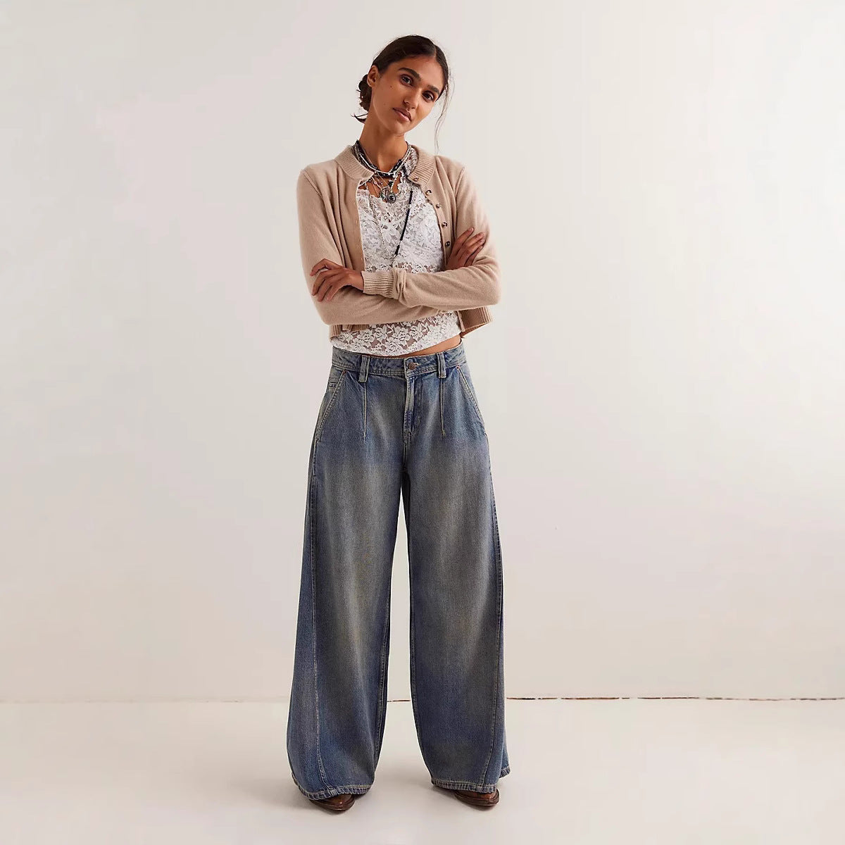 Damen Weit geschnittene Jeans mit hoch tailliertem Design und lässigem Schnitt R&B