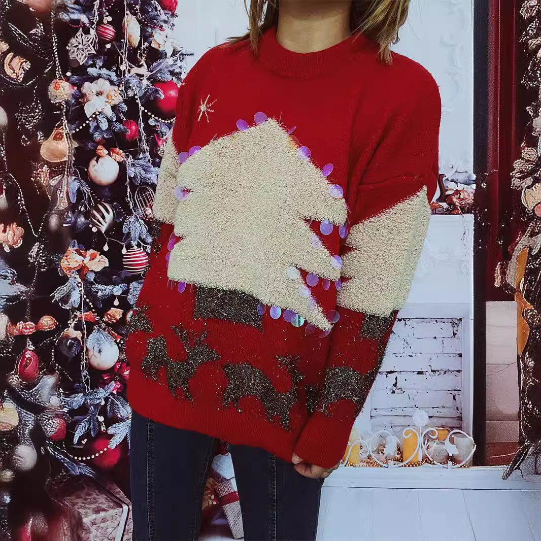 Damen festlicher Pullover mit weihnachtlichem Motiv und Glitzerapplikationen R&B
