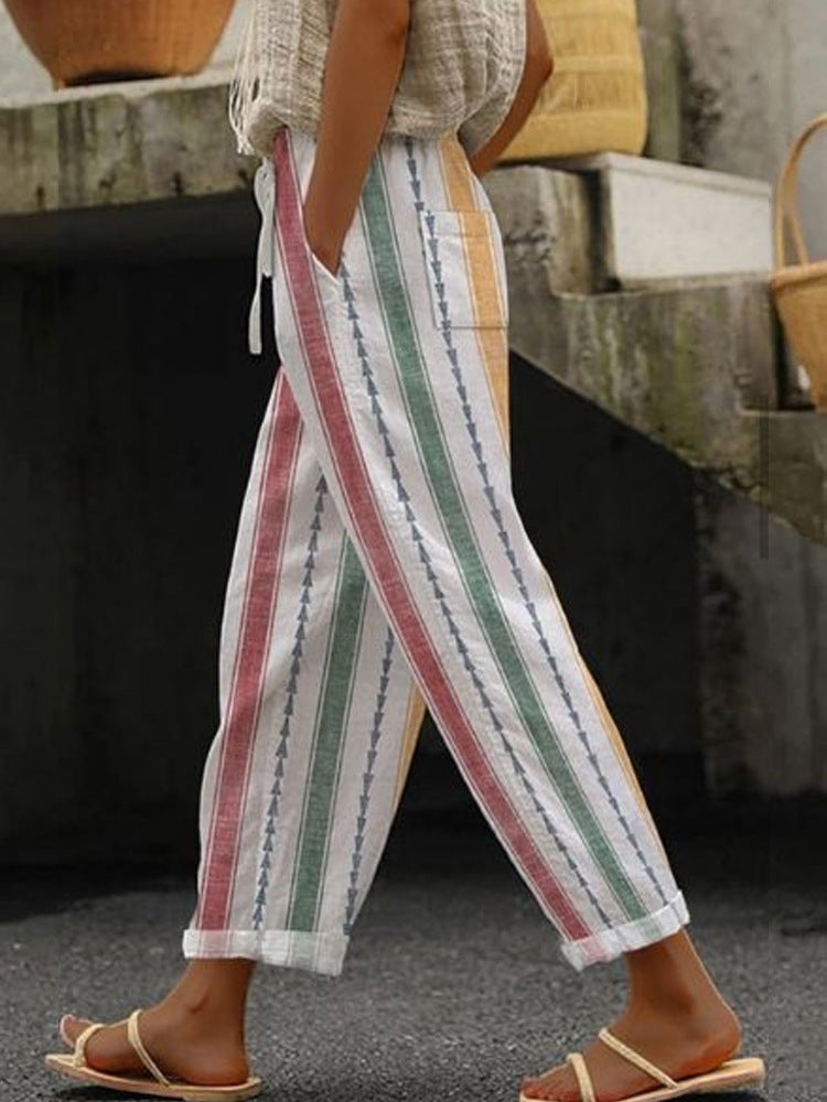 Damen Weite Leinenhose mit handgewebtem Muster R&B