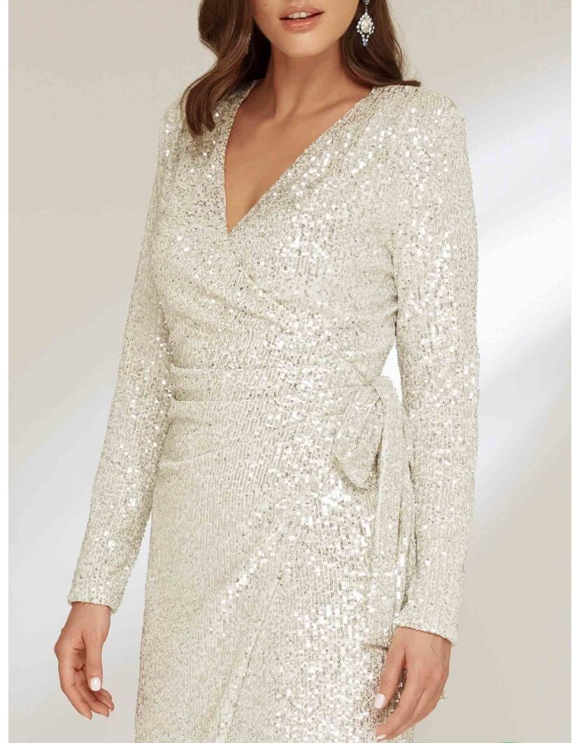 Damen Glamouröses Pailletten-Kleid mit Wickeloptik und langen Ärmeln R&B