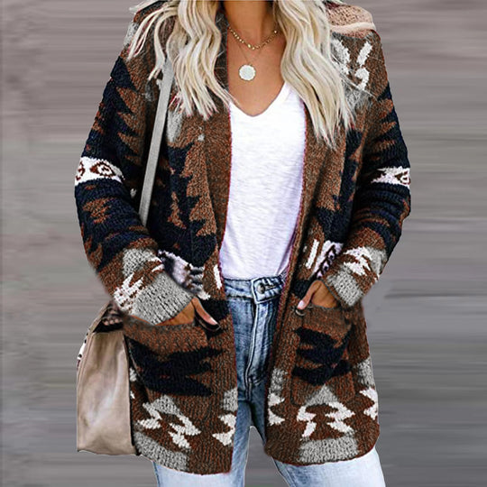 Damen Strickjacke im modernen Ethno-Design mit aufgesetzten Taschen und lässigem Schnitt R&B