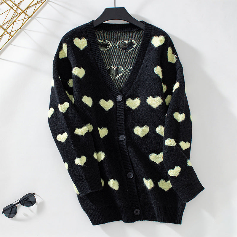 Damen gemütliche Strickjacke mit Herzmuster und V-Ausschnitt R&B