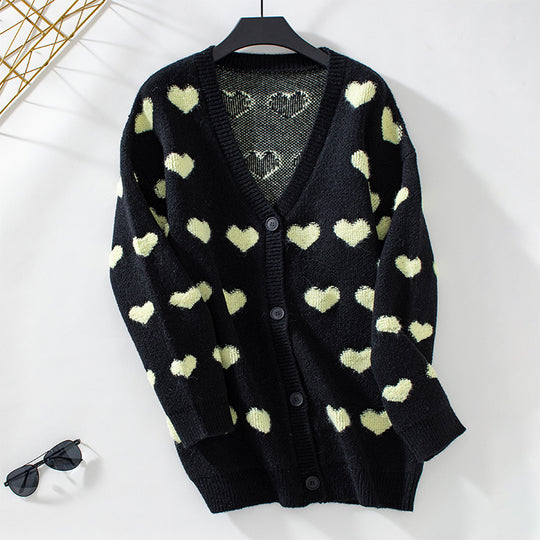 Damen gemütliche Strickjacke mit Herzmuster und V-Ausschnitt R&B