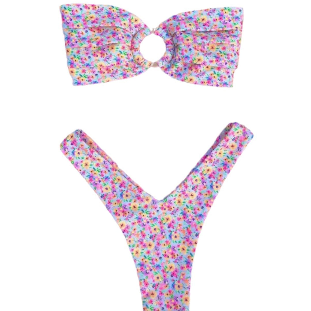 Damen Bandeau-Bikini mit Blumenmuster und Schlaufen-Detail R&B