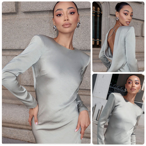 Damen Elegantes Langarmkleid mit glänzendem Satin-Obermaterial und figurbetonter Silhouette R&B
