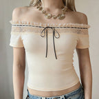 Damen Off-Shoulder Oberteil mit Spitzenverzierungen und taillierter Passform R&B