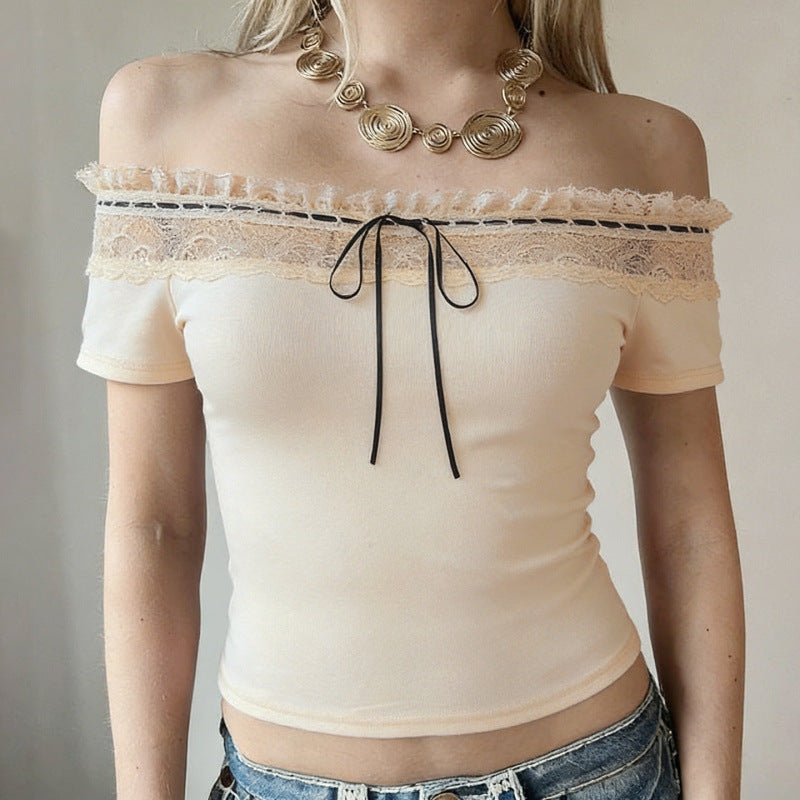 Damen Off-Shoulder Oberteil mit Spitzenverzierungen und taillierter Passform R&B