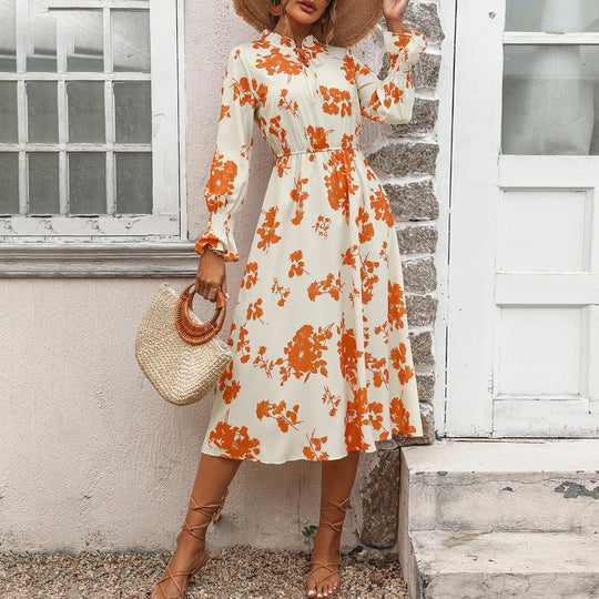 Damen Maxikleid mit floralem Print und angenähtem Bindeband R&B