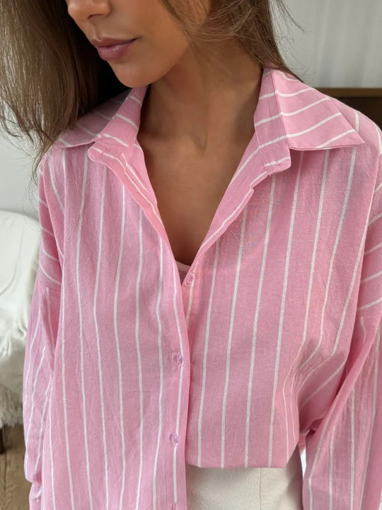 Damen Lockere Streifenbluse mit abgerundetem Saum und Knopfleiste R&B