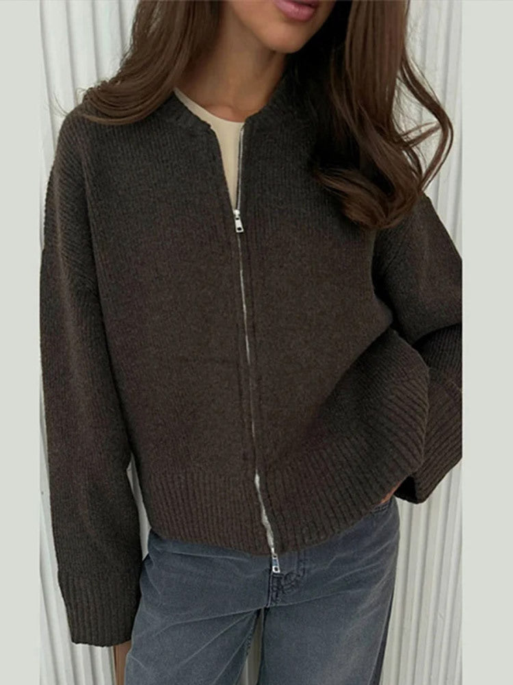 Damen lässige Strickjacke mit hohem Kragen und Reißverschluss R&B