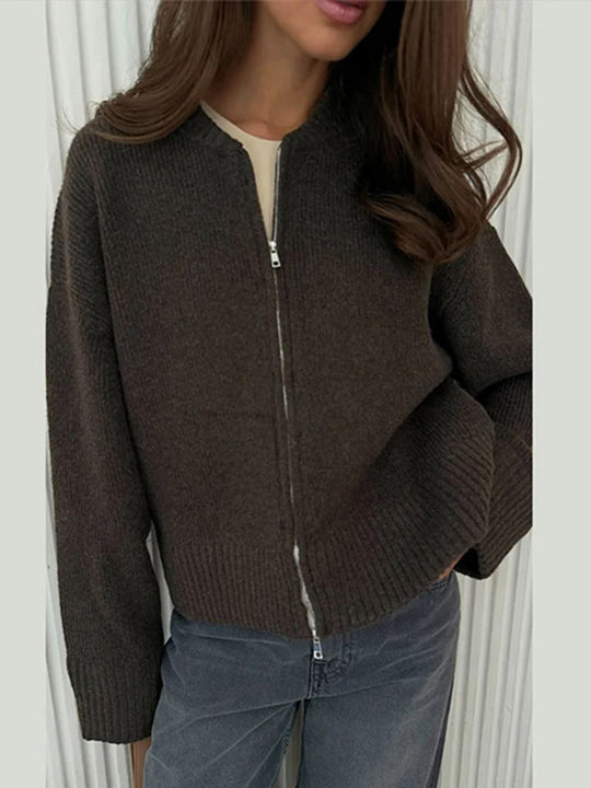 Damen lässige Strickjacke mit hohem Kragen und Reißverschluss R&B
