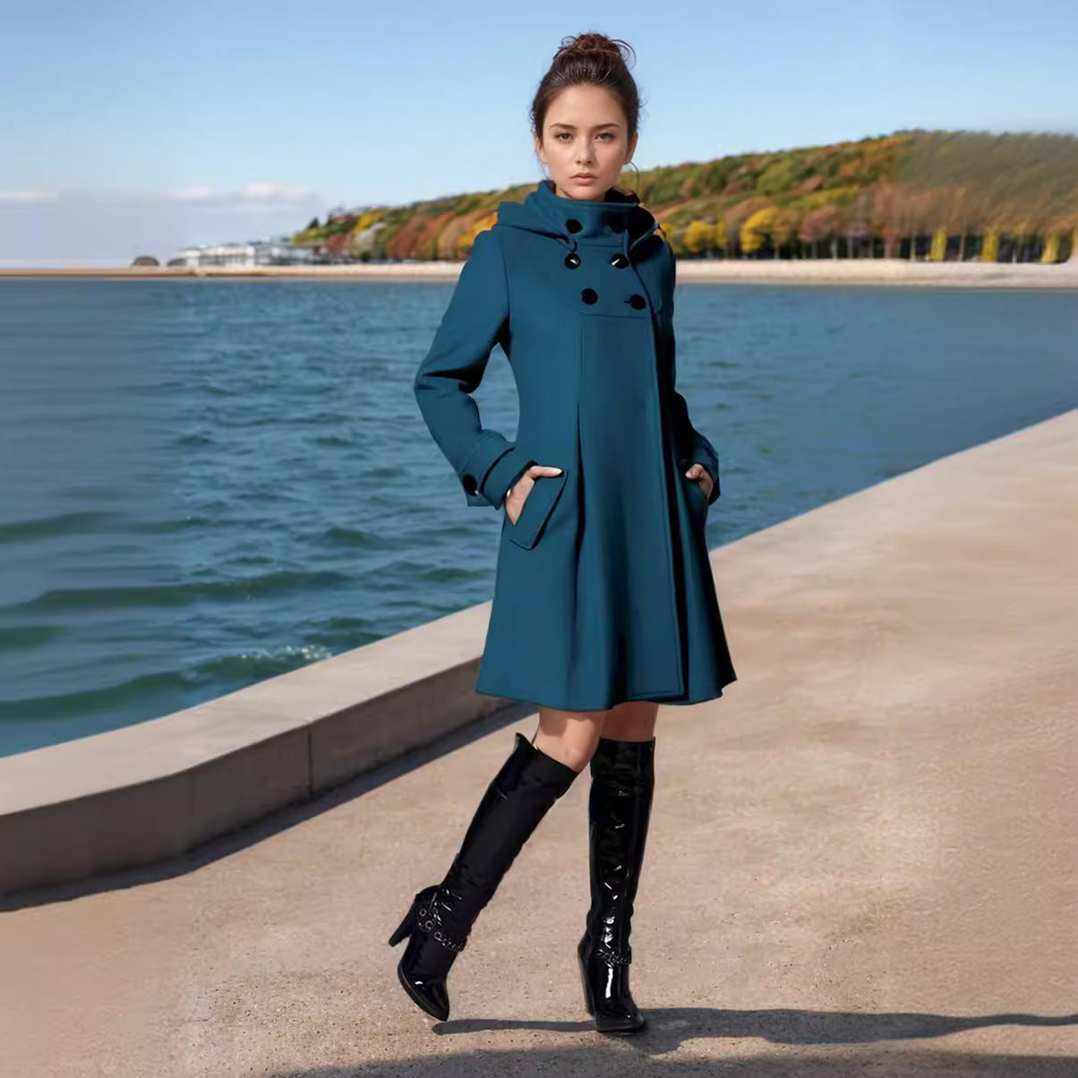 Damen eleganter Wollmantel mit modernem Kragen und praktischen Taschen R&B