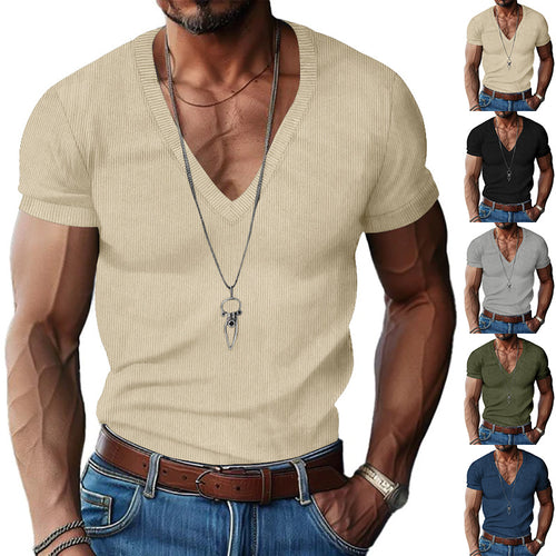 Herren nan strukturiertes V-Ausschnitt-Rippjersey-Shirt mit kurzem Arm und körpernaher Passform R&B