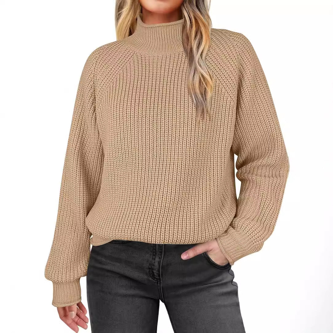Damen modischer Strickpullover mit hohem Kragen und strukturierter Oberfläche R&B
