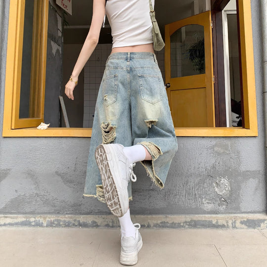 Damen Weite Denim-Culotte mit modischen Rissdetails und lässigem Schnitt R&B