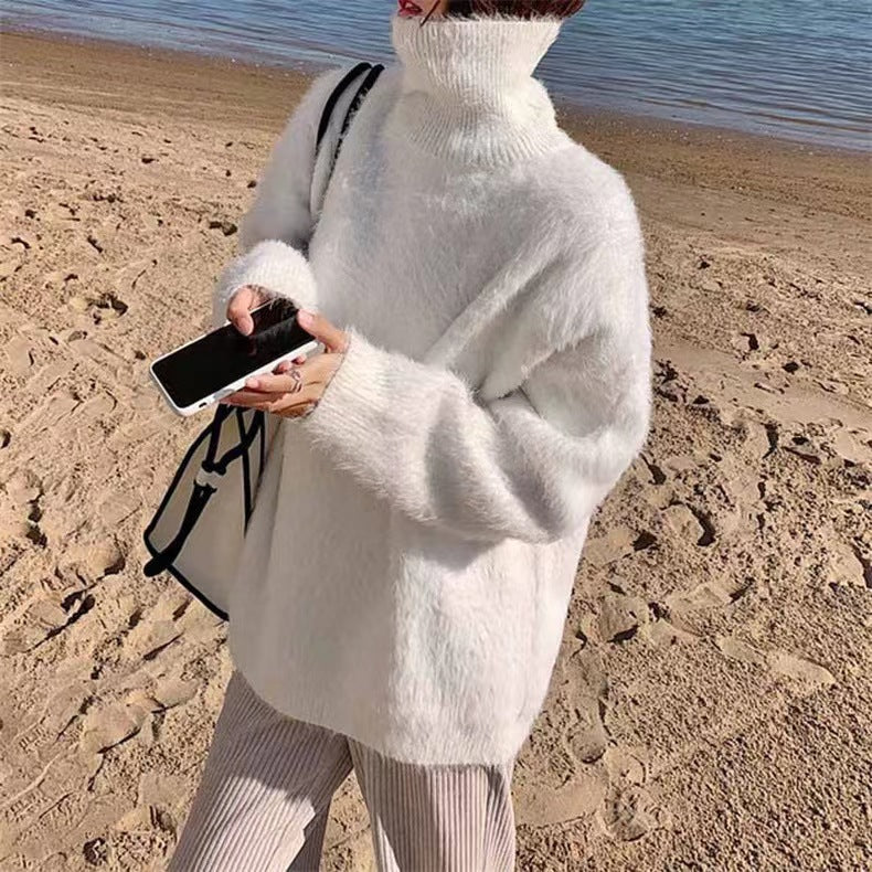 Damen Flauschiger Pullover mit Lockere Passform und Hohem Kragen R&B