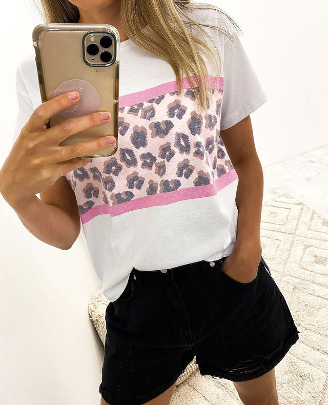 Damen T-Shirt mit modernem Leopardenmuster und elastischem Saum R&B