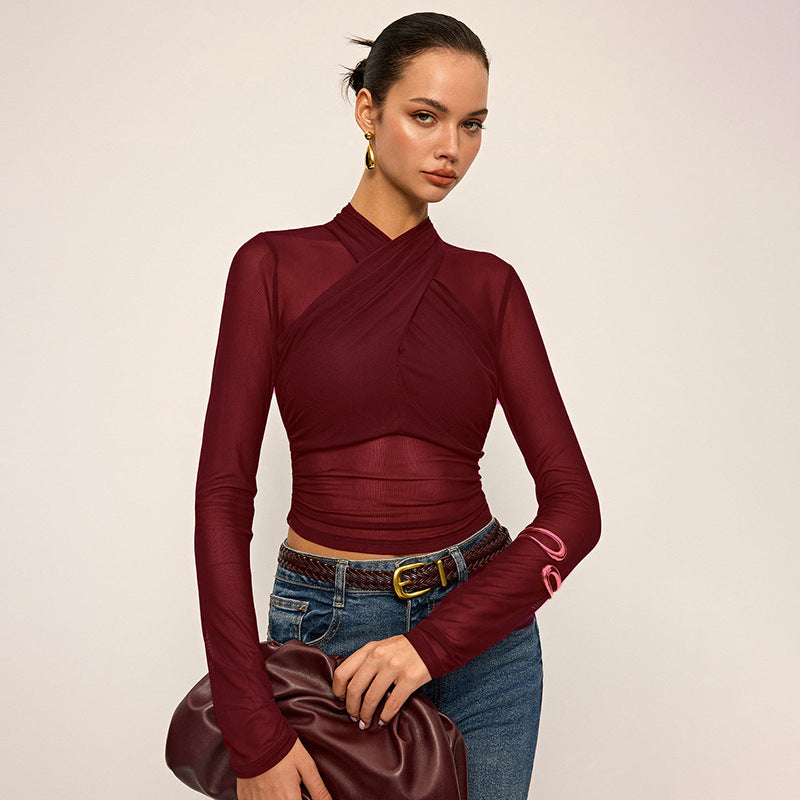 Damen Elegantes Wickeloberteil mit transparentem Stoff und langen Ärmeln R&B