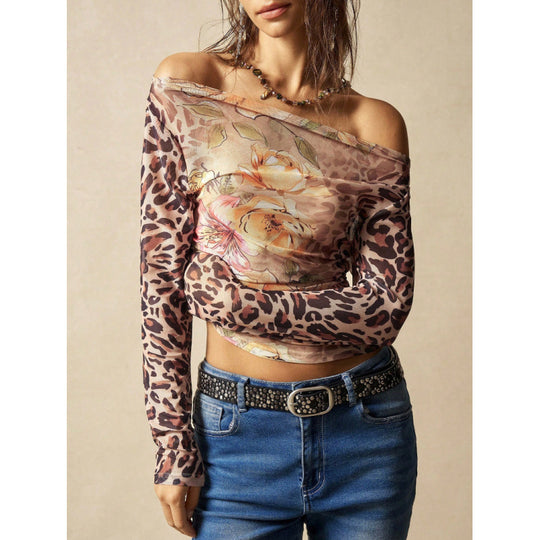 Damen Langarmshirt mit raffiniertem Raffungseffekt und animalischem Druck R&B