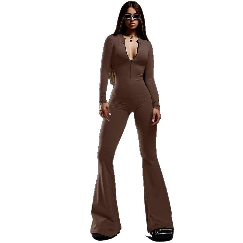 Damen Figurbetonter Jumpsuit mit tiefem V-Ausschnitt und ausgestellten Beinen R&B