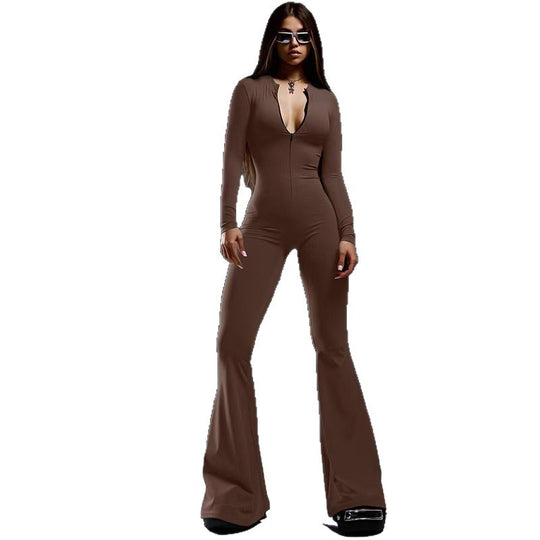 Damen Figurbetonter Jumpsuit mit tiefem V-Ausschnitt und ausgestellten Beinen R&B