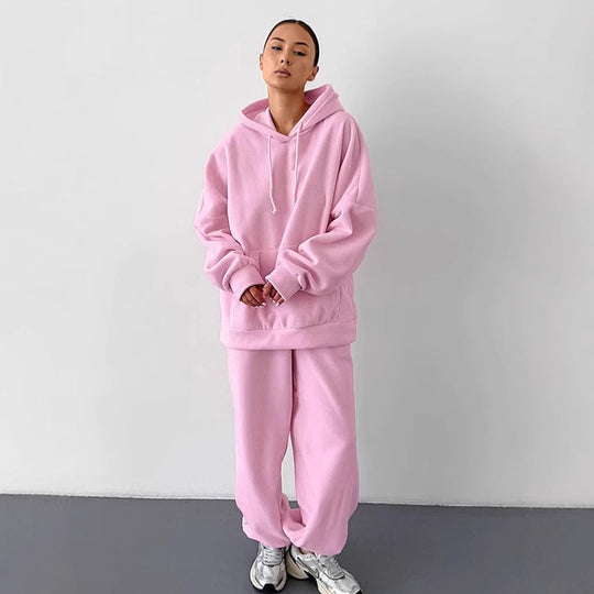 Damen Fleece Lounge-Set mit weiten Beinen und Kapuze R&B