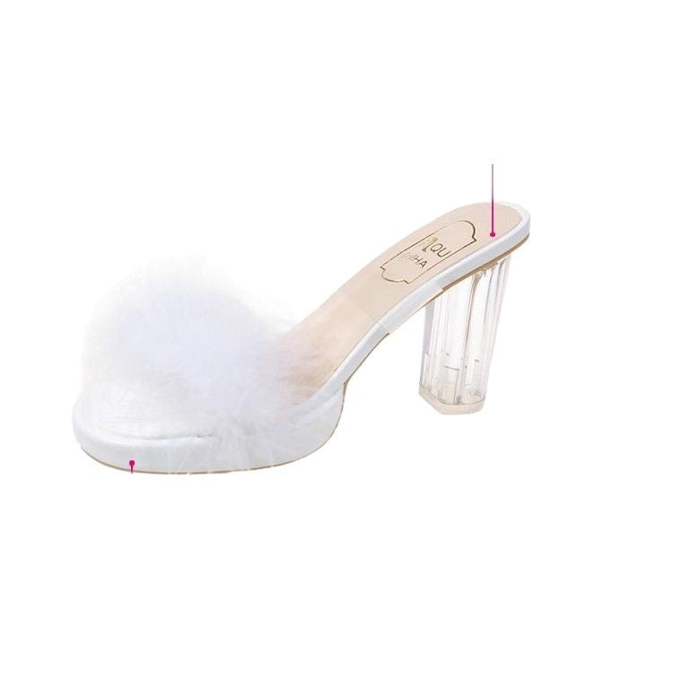 Damen Glamouröse Sommer Mules mit transparentem Riemen und plüschiger Verzierung R&B